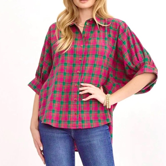 Entro Vibrant Puff Sleeve Hot Pink & Green Oversized Plaid Cotton Top - Picture 2 of 15